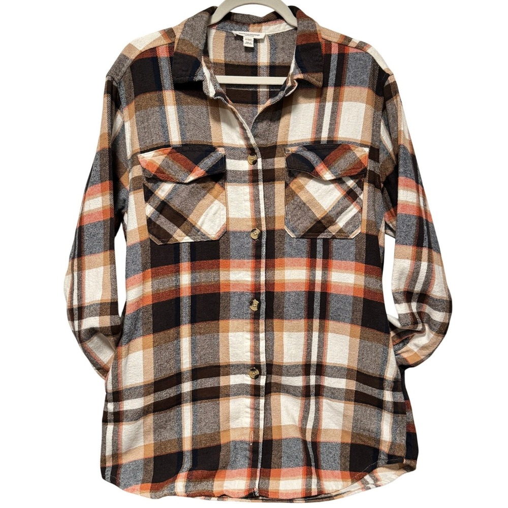 Womens Plaid Flannel Shirt Jacket BeachLoungeLunch Orange Brown White - Picture 8 of 13